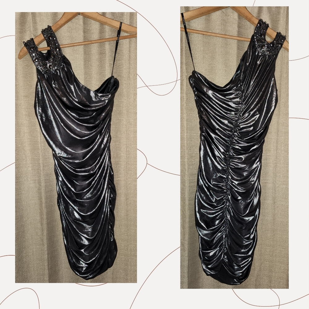 bebe one shoulder ruched metallic silver dress